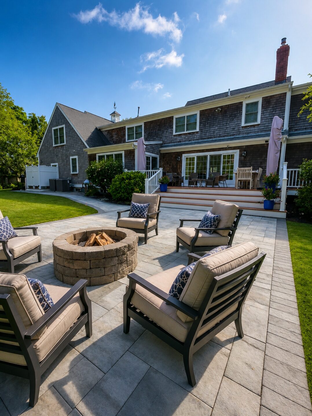 Backyard paver patio with a stone fire pit and cushioned outdoor seating